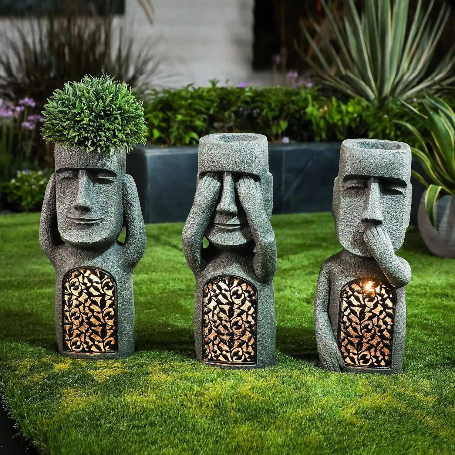 

LuxenHome 21" Garden Art with Planter, Set of 3 See, Hear, Speak No Evil Easter Island Garden Solar Statues, Outdoor Sculpture w