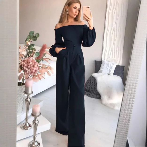 

2025 Spring and Summer Women's New Clothing One-Piece Pants with Off-the-Shoulder Neckline, Slim Fit, Long Pants, Long Sleeves