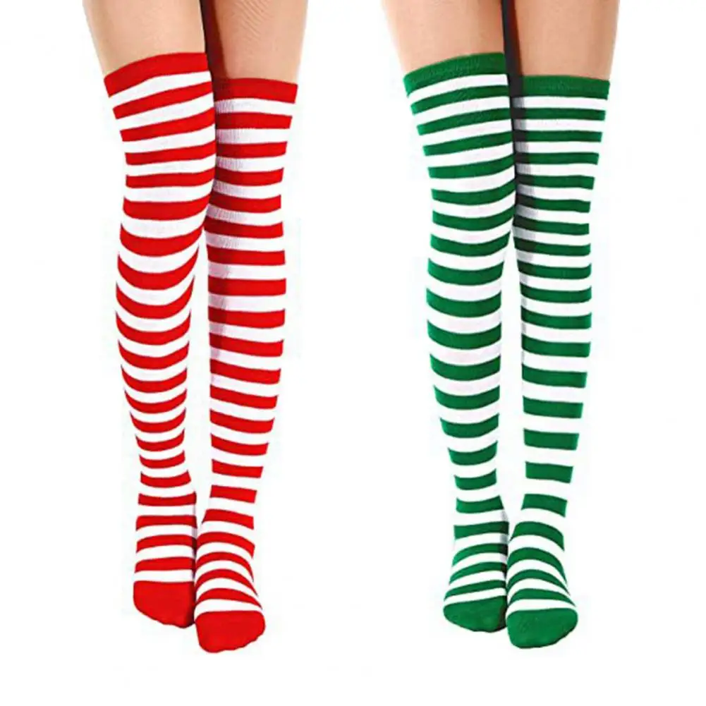 3 Pairs Striped Stockings Green White Contrast Color Over Knee Length Elastic Stockings Holiday Christmas Party Long Thigh Socks