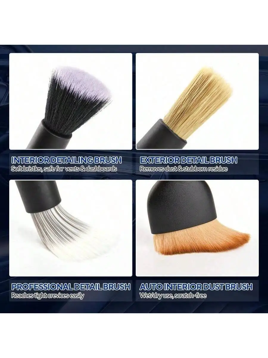 4PCS Car Detailing Brush Kit - Ultra Soft Boars Hair Car Interior Detailing Brushes Includes 4 Different Brushes Multi-Use For