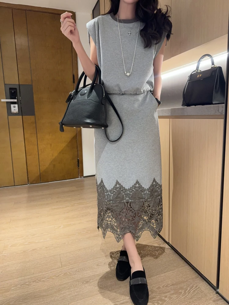 

Элегантный комплект из кружевного топа без рукавов и полуюбки с вырезами, женская модная одежда в повседневном стиле, весна-лето, хлопковая смесь