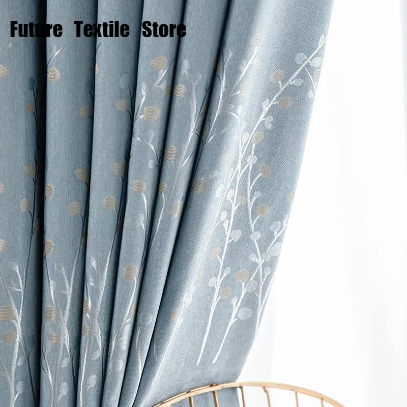 

New Thick Slub Cotton Jacquard Blackout Finished Modern Simple Curtains for Living Dining Room Bedroom Blue Embroidery