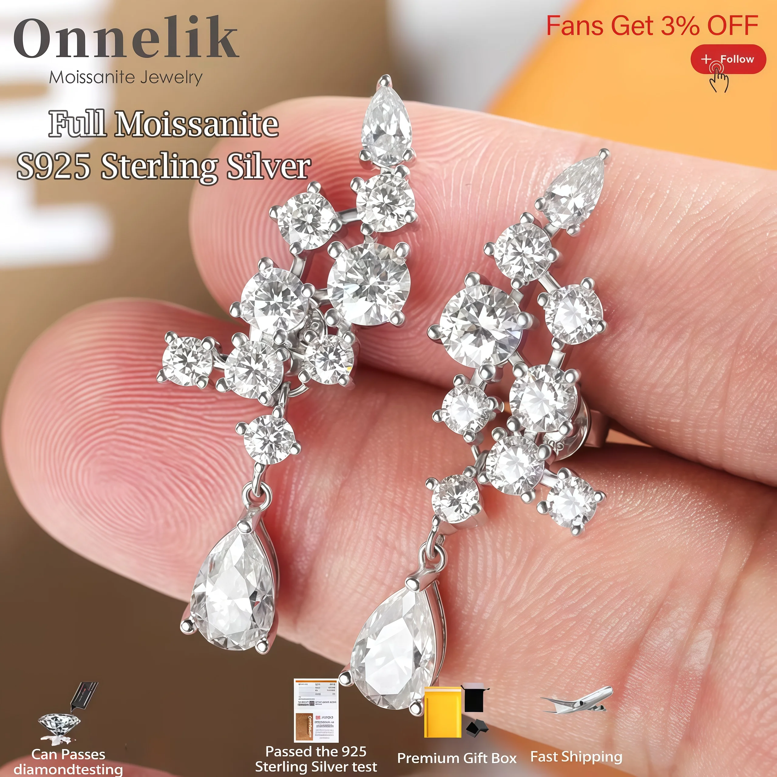 

Onnelik D VVS1 Full Moissanite Angel Wings Earring 925 Sterling Silver for Women Sparkling Engagement Wedding Fine Jewelry