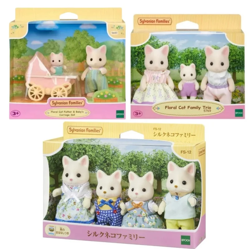 Anime Original Sylvanian Floral Cat Father & Baby'S Carriage Set Kawaii Figure Collectible Doll Birthday Gift Christmas Gift Toy