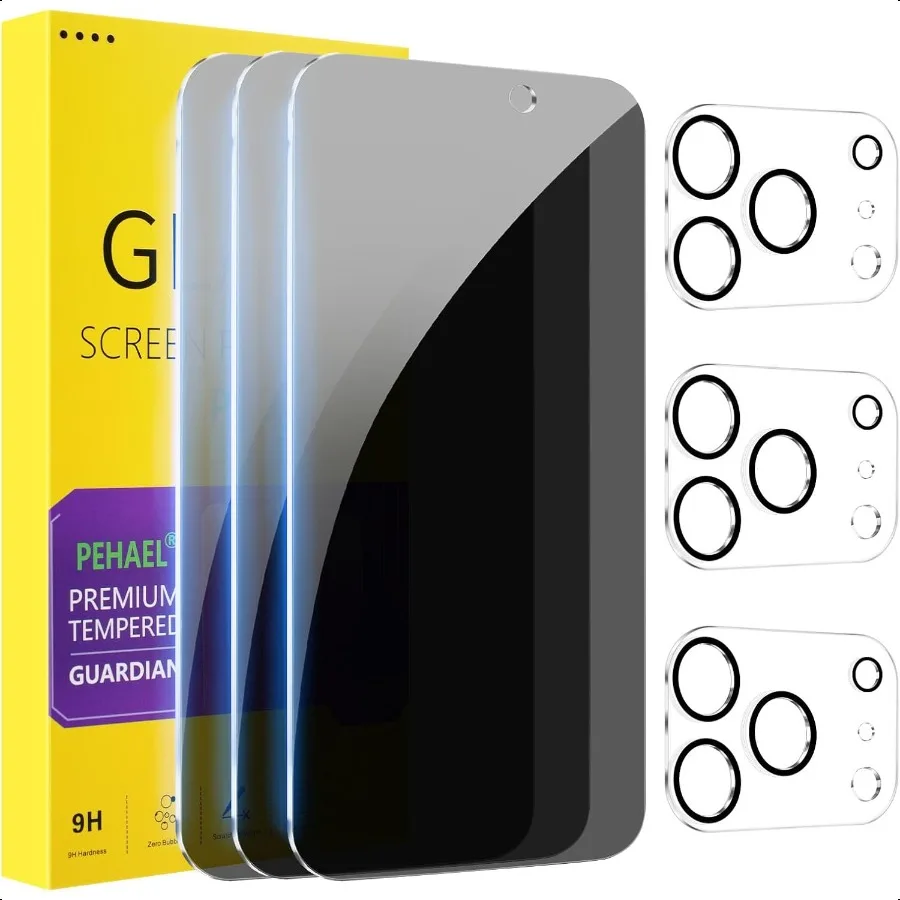 

3 + 3 упаковки для iPhone 17 Pro Max, защитная пленка для экрана с защитной пленкой для объектива камеры, полное покрытие, антишпионская пленка из закаленного стекла 9H