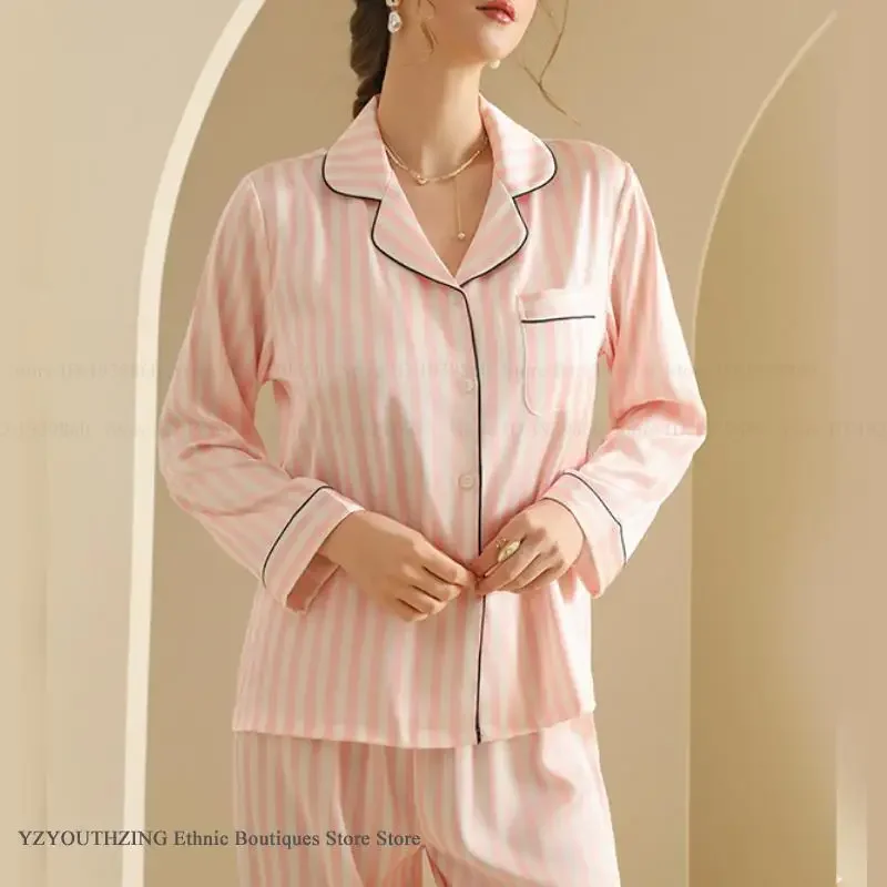 

Pink Stripe Pijama Mujer Long Sleeve Trouser Pajamas Set Spring Autumn New Silk Satin Women's Sleepwear Home Clothes Loungewear