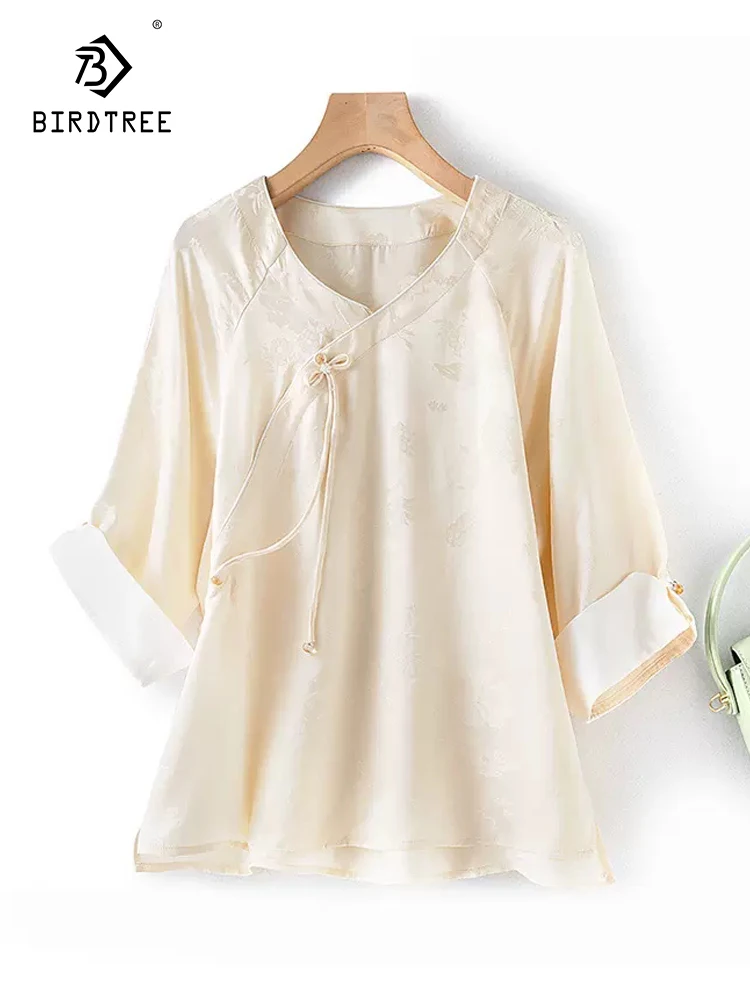 BirdTree, 100%Real Silk Elegant Shirt, Women Half Sleeve Jacquard, Retro Versatile Chinese Style Blouse, 2024 Summer T44736QC