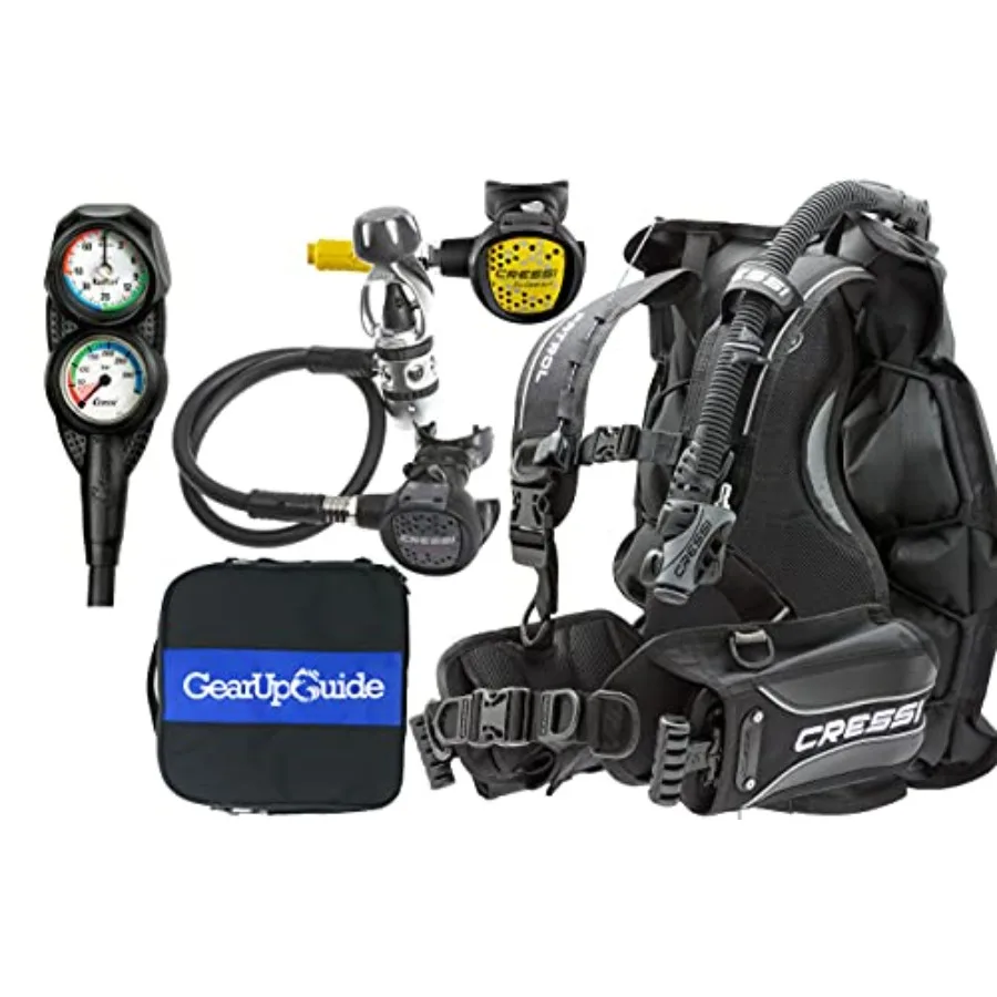 

Scuba diving gear package for recreational use: nylon-black BCD with integrated mini console PD2 and AC2 compact regulator set,
