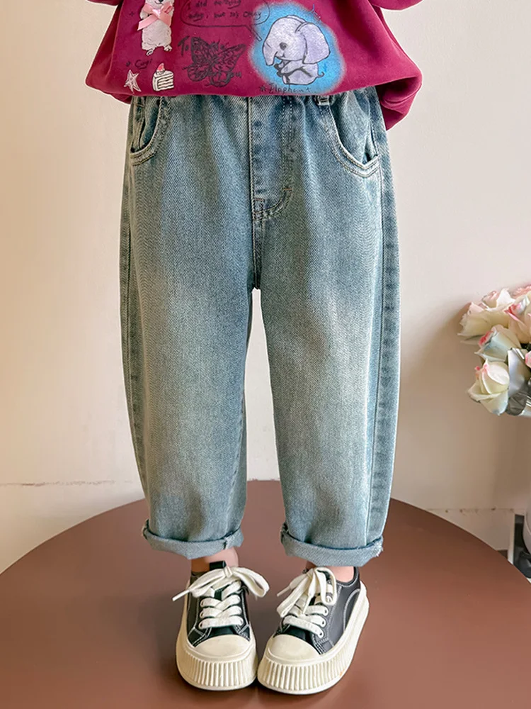 Pantalons en jean imprimés de dessins animés pour filles, nouveaux pantalons décontractés à la mode pour enfants, pantalons longs amples à taille haute pour bébé