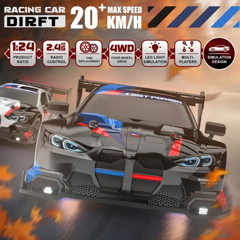 Nouvelle voiture de course RC à dérive 4x4 à l'échelle 1:24, 2,4 GHz, 20 km/h, haute vitesse, M4, jouet de course sportif, lumières LED avec pneus supplémentaires, cadeaux pour enfants et adultes