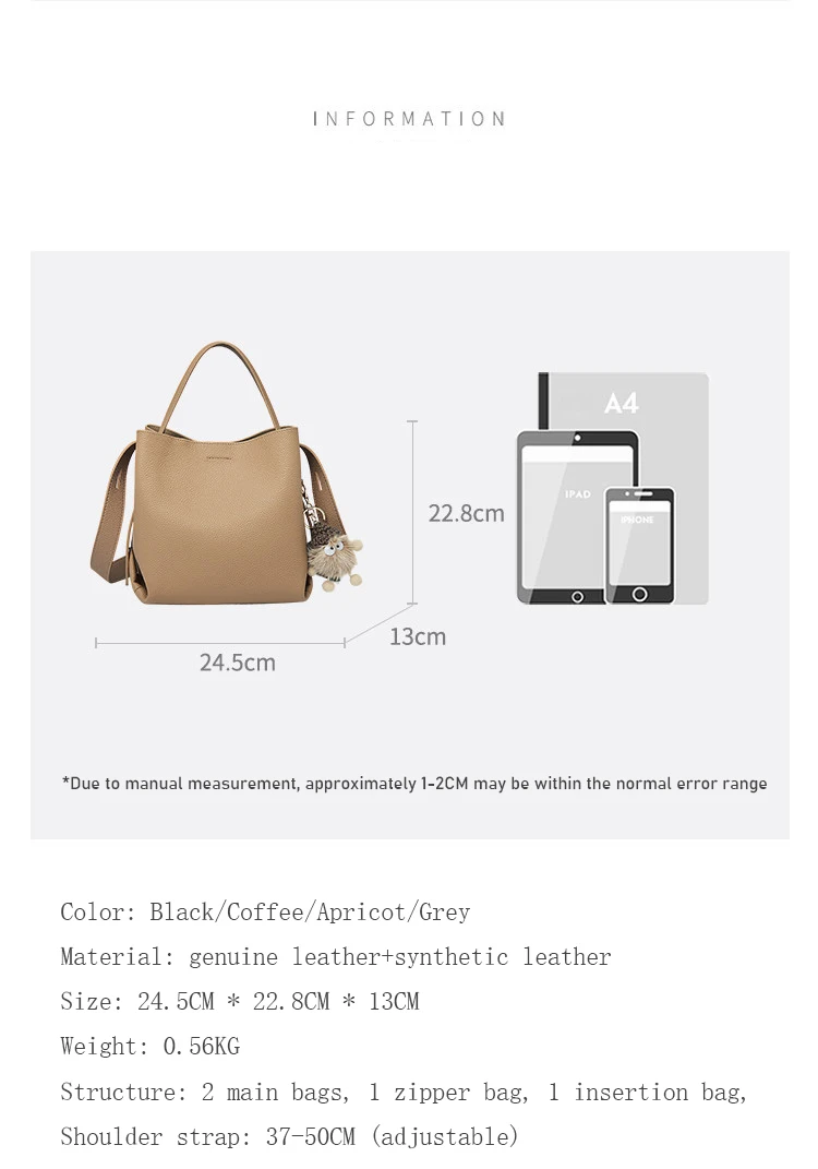 FOXER Einfache Echtleder-Handtasche Damen Schultertasche Tote Bucket Bag Große Kapazität Damen Umhängetasche Pusre Casual – Detail 3