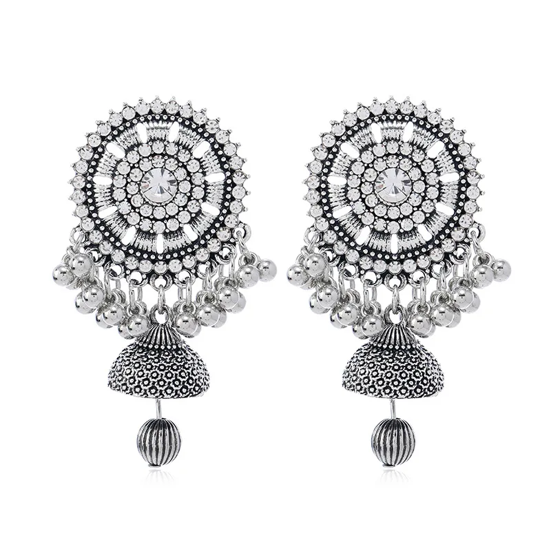 Vintage Big Crystal Bells Tassel Drop Earrings for Women Bohemian Exotic Oxidized Silver Color Metal Statement Earrings Indian