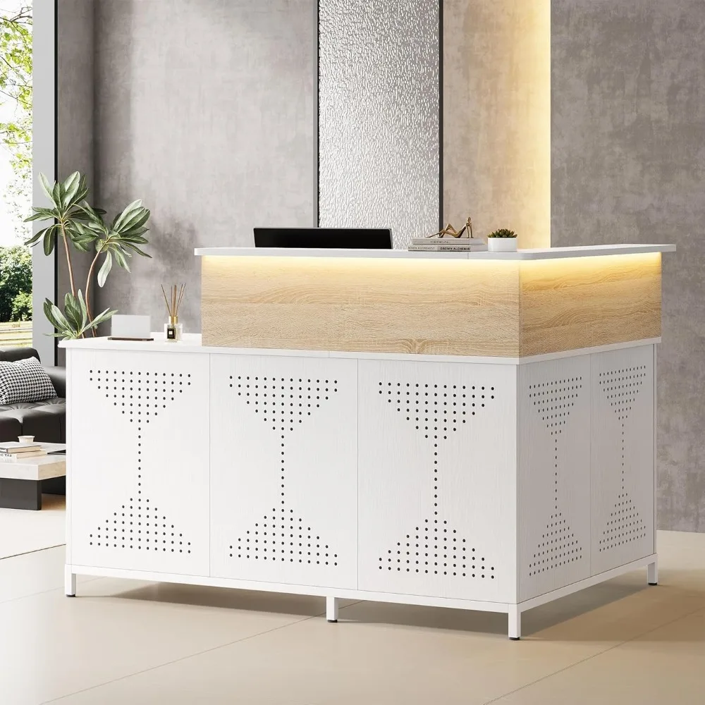 

L-Shaped Reception Desk with LED Lights, 60 inch Modern Front Desk, Checkout Counter Table for Office, Lobby, Cafe, Beauty Salon