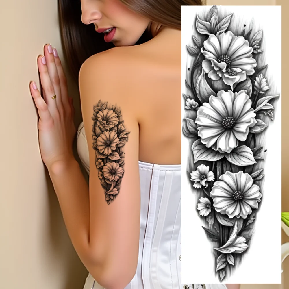 

12pcs Temporary Tattoo Cherry Blossoms Black And Grey Realism Roses Daisies Realistic Temporary Tattoos Hibiscus Flowers For