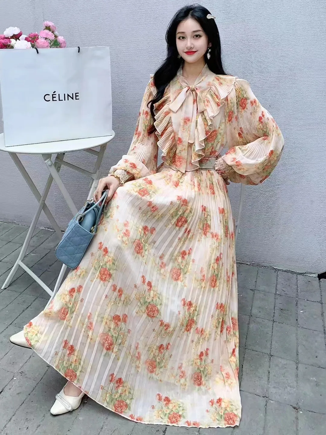 2024 New Spring Autumn Women Bow Collar Long Sleeve Belt Slim Long Dress Sweet Ruffles Pleated Big Hem Chiffon Floral Dress