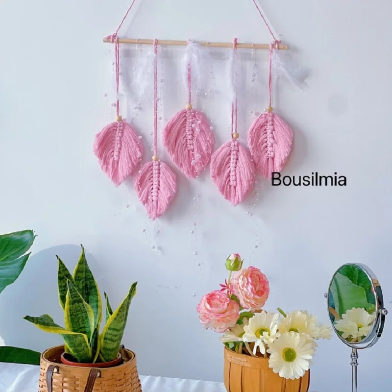 

Feather Macrame Wall Hanging Boho Room Decor Woven Aesthetic Wall Leaves Tapestry DIY Material Bag Room Wedding Decoration Gift