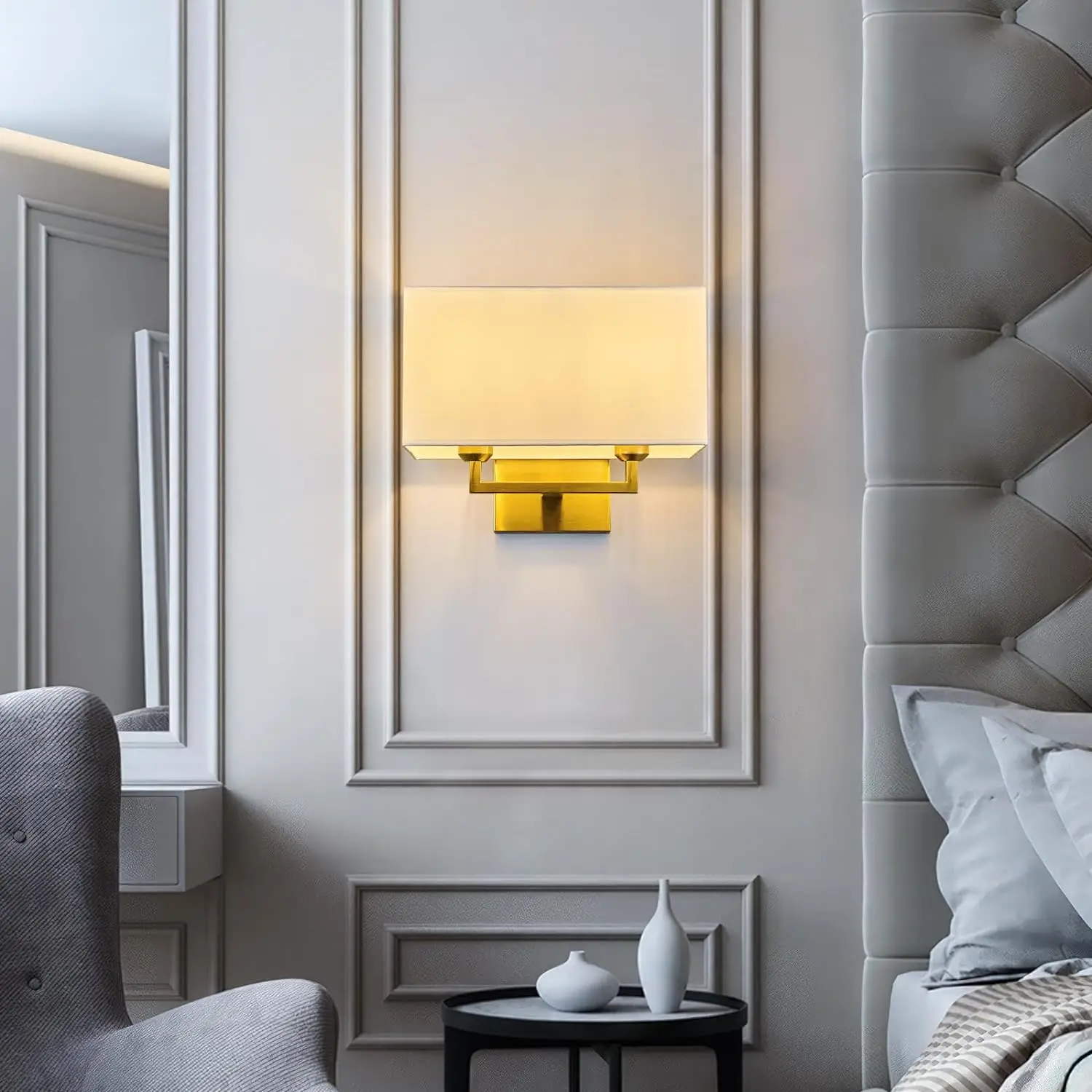 Gold Wall Sconces Set of Two Modern LED 2 Light Bedside Reading Wall Light Fixture with White Fabric Shade Retro Brass Wall Lamp