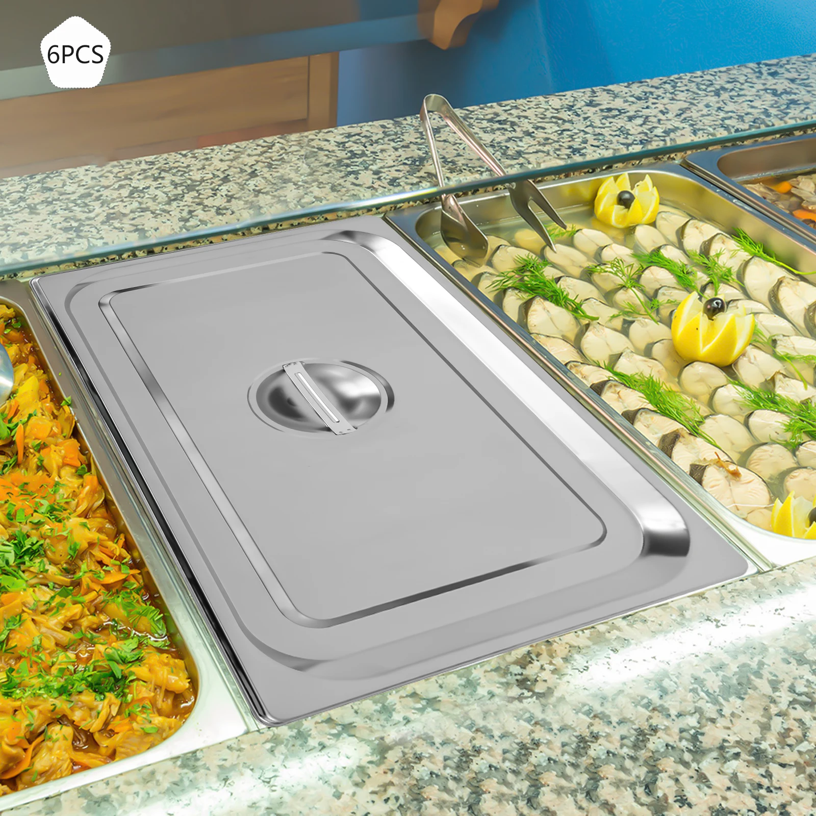 

Stainless Steel Steam Pan Lid, 6-Pack (1/1-size lid) - 201 Stainless Steel Rectangular Silver Polished Surface, 53*32.5cm