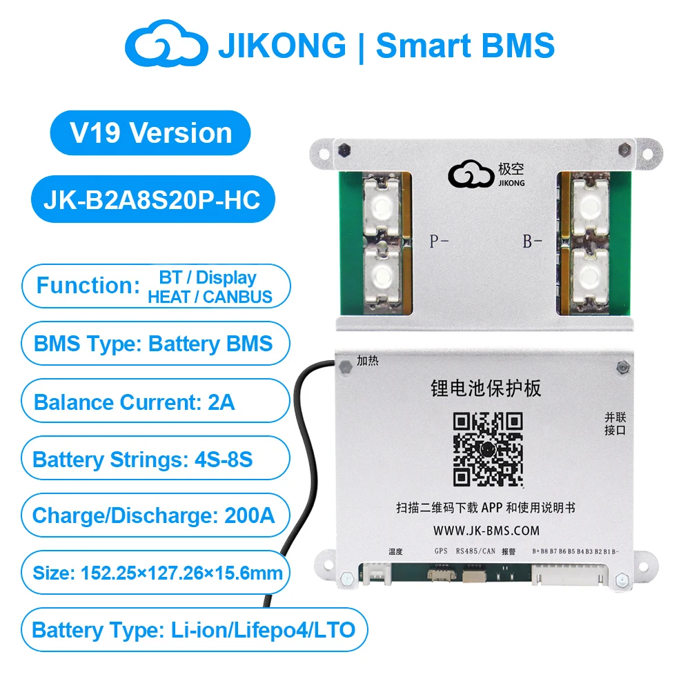 JIKONG V19 JK BMS 4S ~ 24S SMART BMS BT Warmte KAN 0.4A ~ 2A Stroom 100A 200A 300A Actieve Balancer voor Li-ion LiFePo4 Lto Batterij BMS