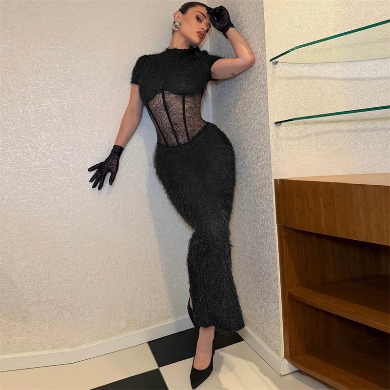 

Sexy Feather Sheer Women High Collar Waisted Party Gown Front Split Cut-Out Evening Dress Black Short Sleeve Clothing For Winter