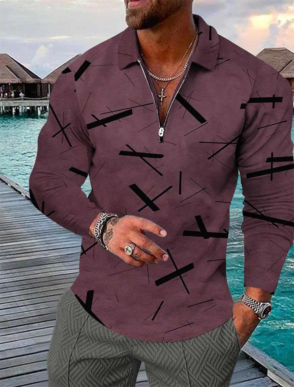 3D Pattern Print Golf Shirts Mens Hawaii Beach Zipper Design Mens Polo Shirts Tops Casual Sport Long Sleeve T-Shirt Man Clothing