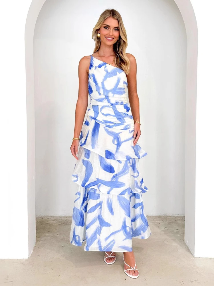 2025 Summer Fashion New Women\'s Elegant Printed Dress Shoulder Strap Bohemian Beach Vacation Sexy Cake Dress