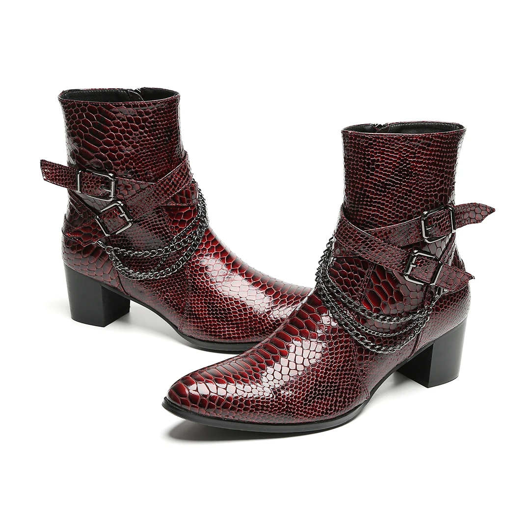 Herren-Stiefeletten aus burgunderrotem Schlangenleder: Kette, Schnallen, Reißverschluss, Blockabsatz | Partys, Bühne, Straße | Rock-Punk-Stil – Detail 10