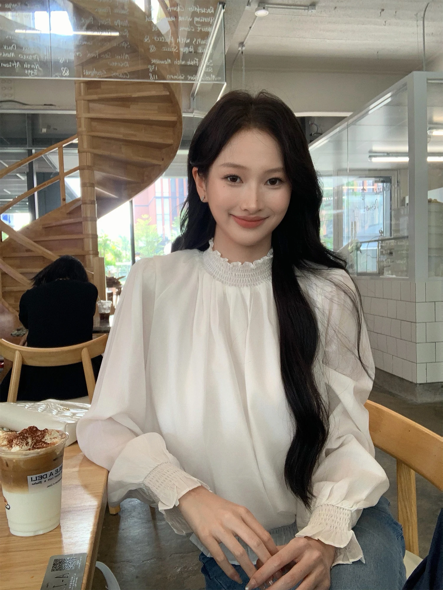 Pusumede Artistic Aesthetic Long Sleeve Bubble Sleeve Stand Collar Women's Shirt Waist Cinching Design Casual Style Shirt