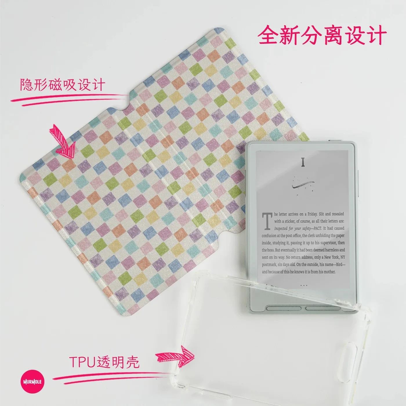 For XTEINK X3 X4 E-Ink Ebook Reader Magnetic Protective Folio Case Artistic Grid‑Print Magnetic Detachable Clear TPU Gift