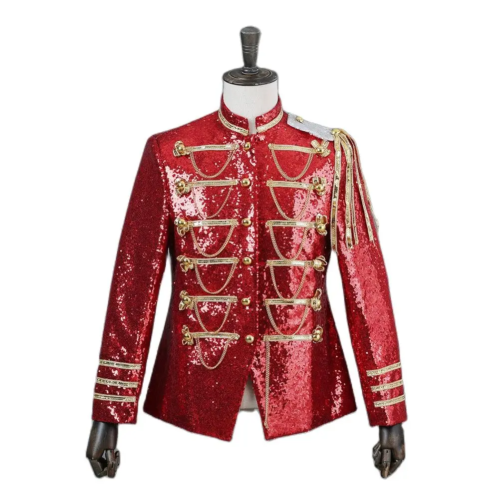 

Shiny Red Sequin Blazer Men Glitter Military Dress Tuxedo Men Blazer Jacket Nightclub Stage Singer Show Performance Blazer Homme