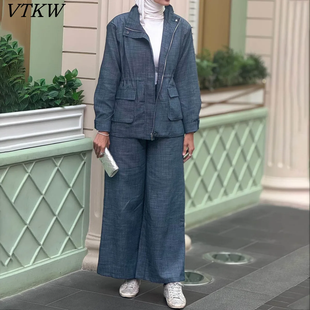 

VTKW Woman's Shirt Solid-color Zipper Mid-length Versatile And Simple 2025 Spring New High-quality Loose Pants Two-piece Set