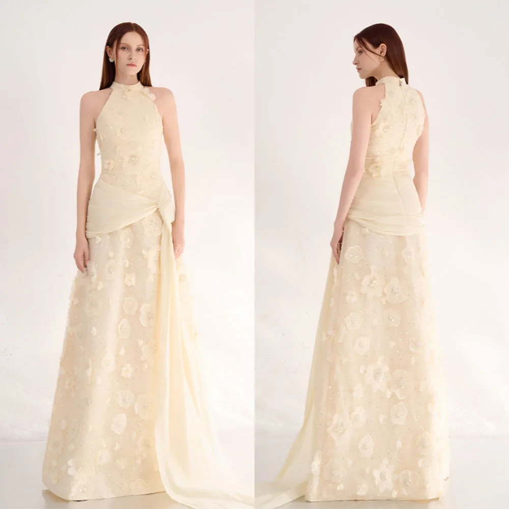 

High Quality Customized Floor Length Halter Flowers Appliques Sleeveless Vestidos De Fiesta Para Bodas Robe Pour Mariage Invité