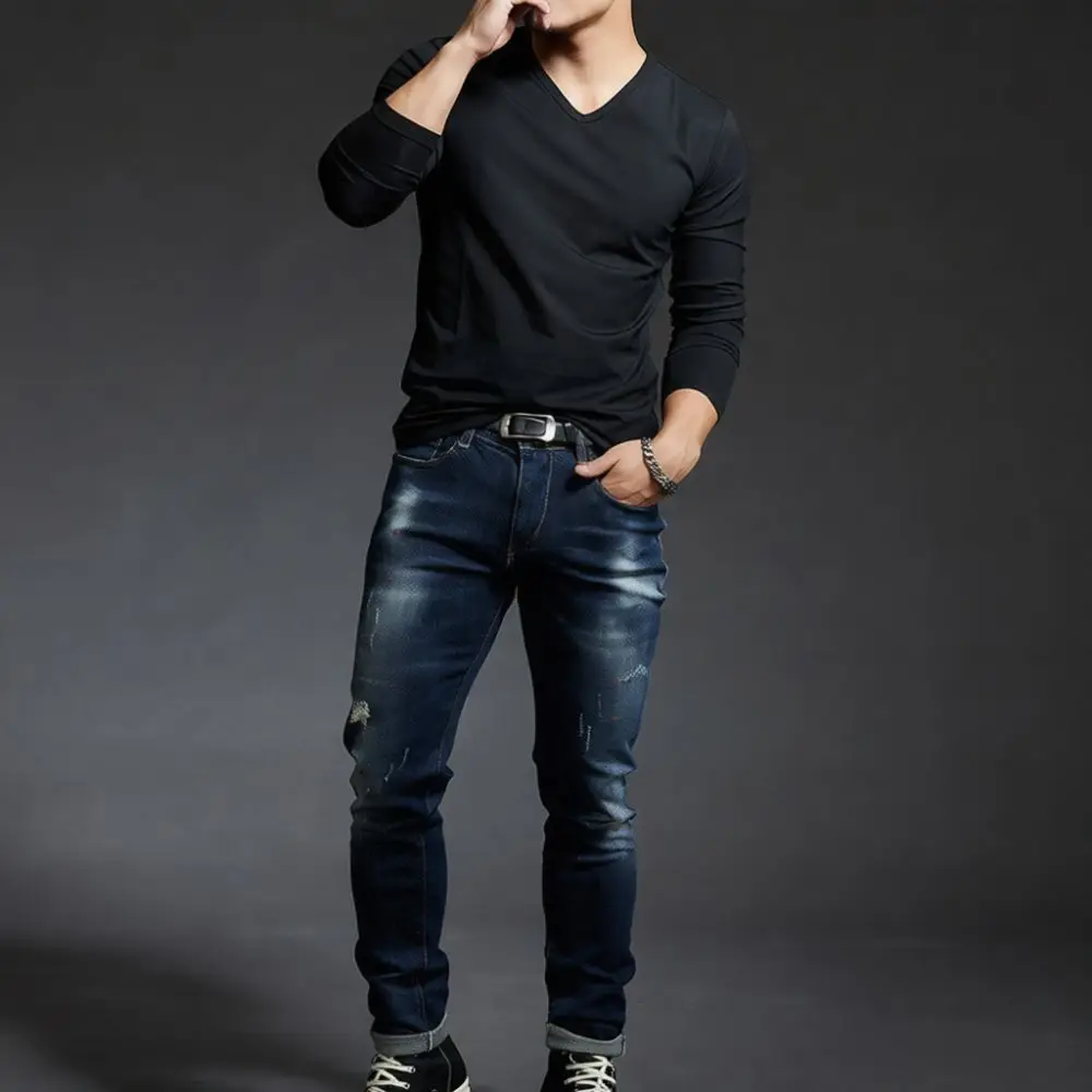 Mens Casual V Neck Long Sleeve T Shirt Slim Fit Dark Gray Base Layer Pullover Tops High Stretch Comfortable Tee
