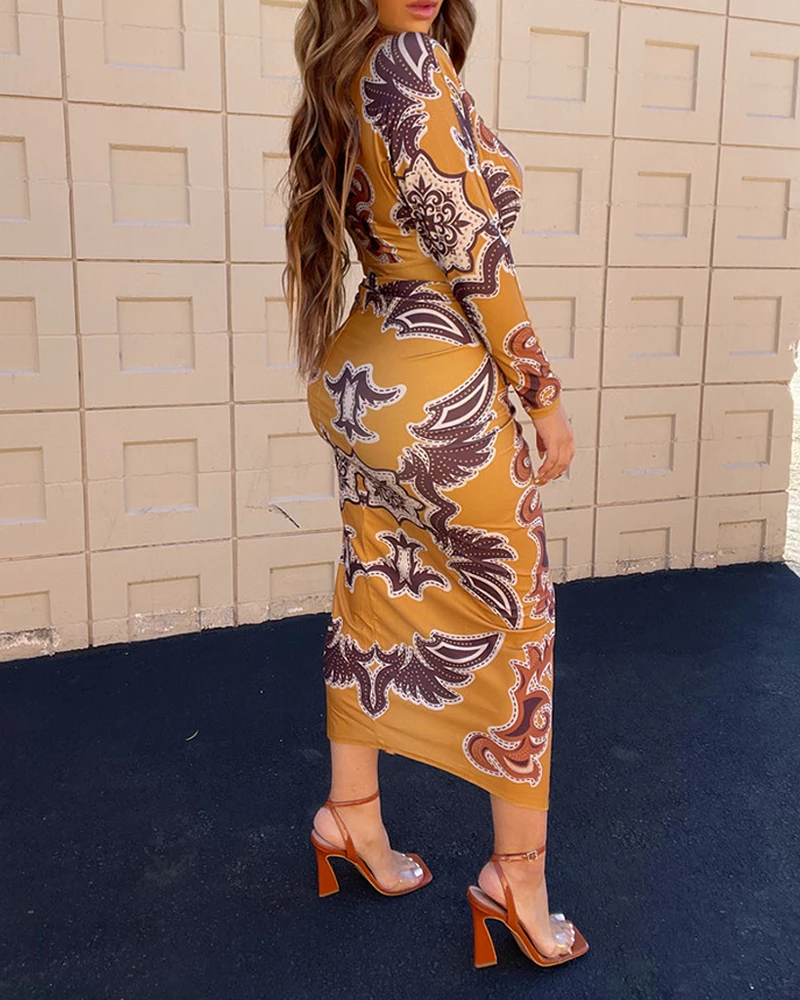 ドレス女性ヴィンテージ花柄ローカット V ネックウエストプリーツドレス女性のセクシーなスリムフィット長袖ドレス Y2K ボディコンドレス