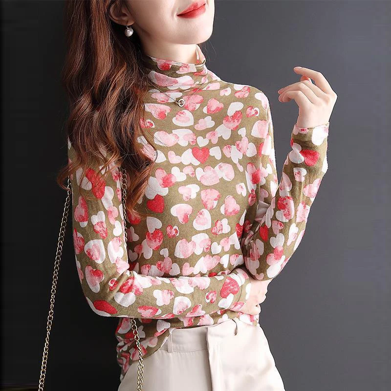 

Women Clothing Spring Korean Fashion Print Basic Knitted T-shirt Vintage Sweet Chic Half High Collar Long Sleeve Pulllover Tops