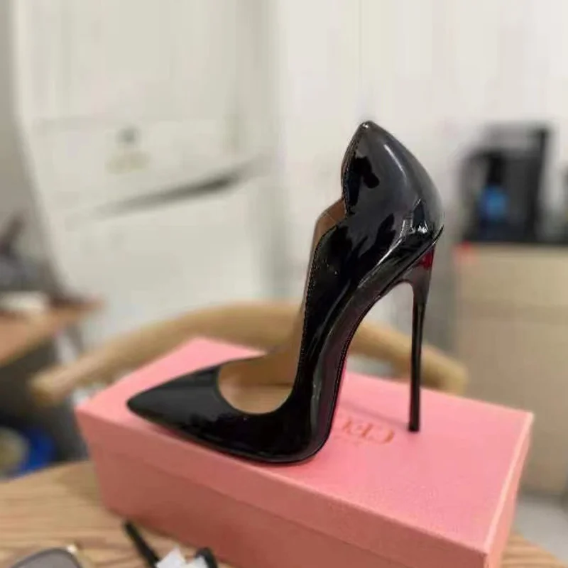 Mostra scollatura Sexy stiletto 12cm tacchi alti punta a punta ufficio abbigliamento quotidiano conciso slip on donna pompe lato vuoto Plus Size 46