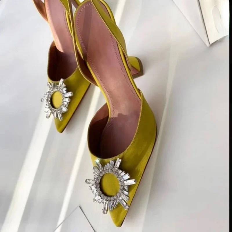 New Fashionable Half Slippers Women\'s Sandals Fashionable Sparkling Rhinestones Satin Wine Glass Heel Shoes Closed-Toe Slippers