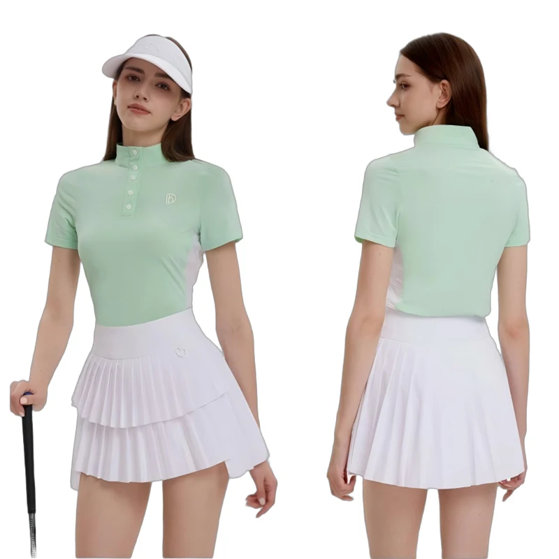 

DK Golf Women Stand Collar Polo Shirts Short Sleeve Breathable Tops Ladies New Cake Pleated Sports Skirts Leisure Tutu Skorts