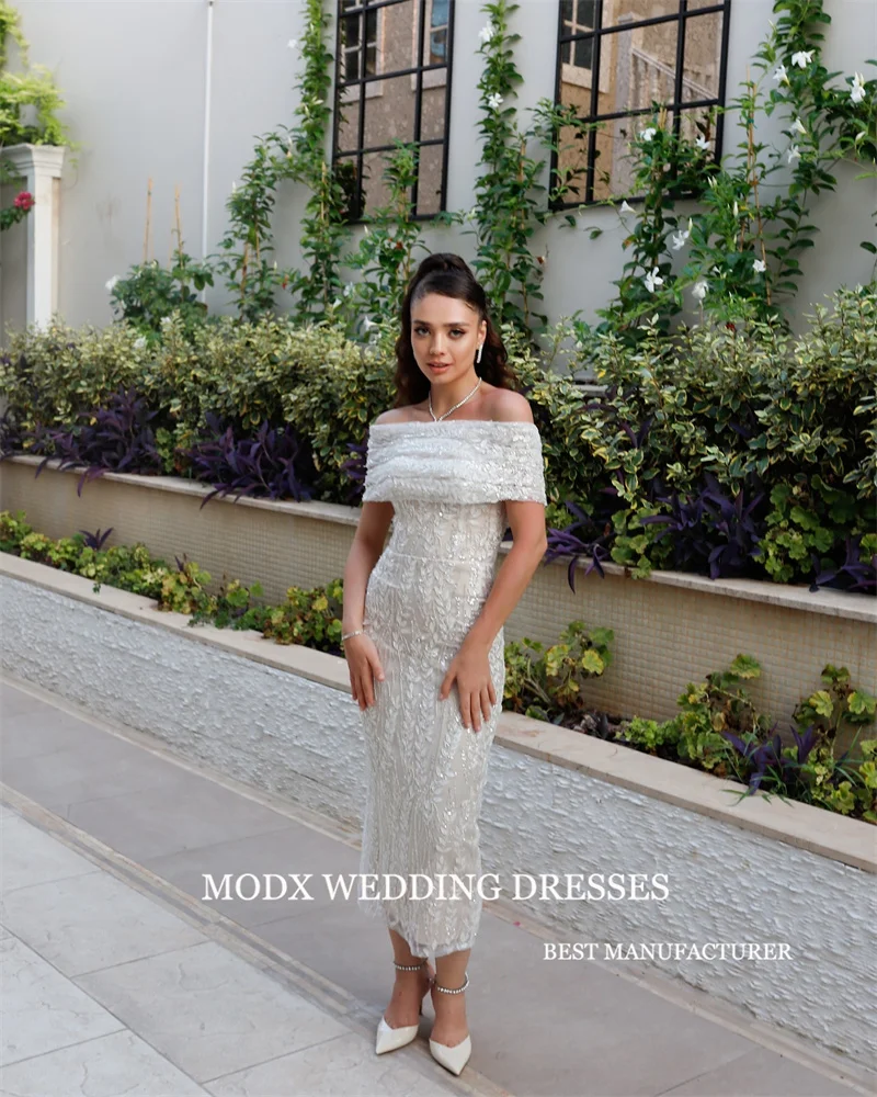 MODX Knöchellange Spitze Glitzer Abendkleider Dubai Arabisch Frauen Schulterfrei Ärmel Ballkleider Formelle Anlässe Partykleid