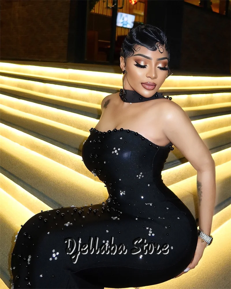 Schwarzes Satin trägerloses Saudi-Arabien Abendkleid Luxus Strass arabische Frauen Hochzeit Party Kleider Ballkleid individuell