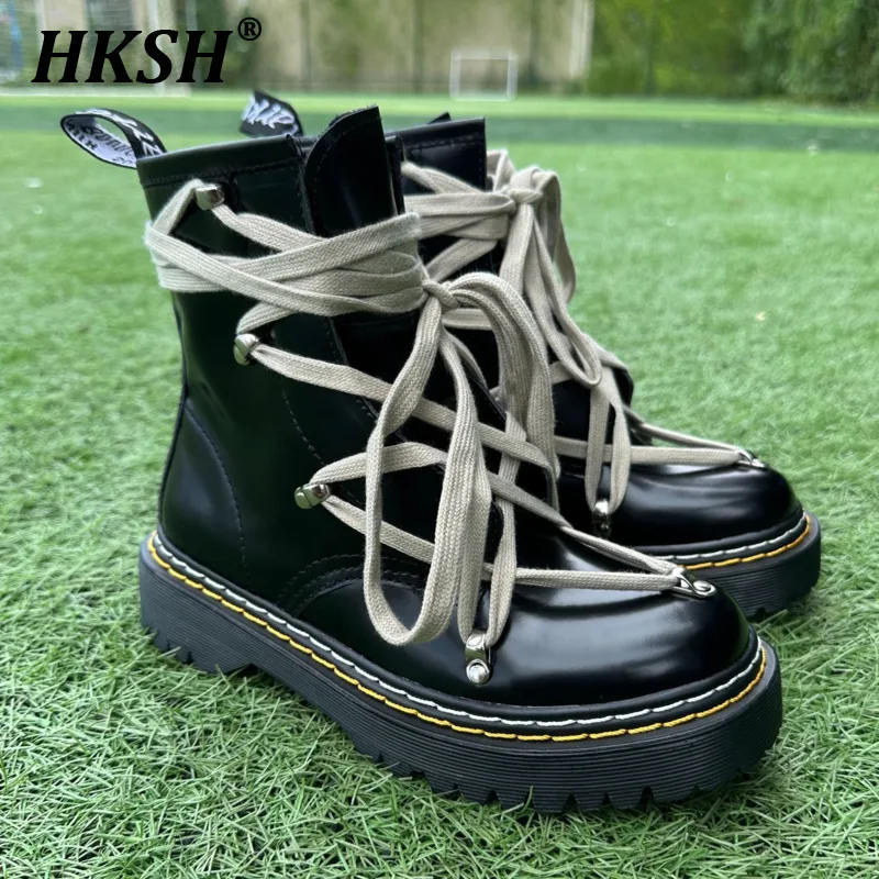 HKSH RO Trendy Shoes Short Mid Length Boots Men\'s And Women\'s Thick Soled Pentagram Strap British Style Round Toe Leather HK2230