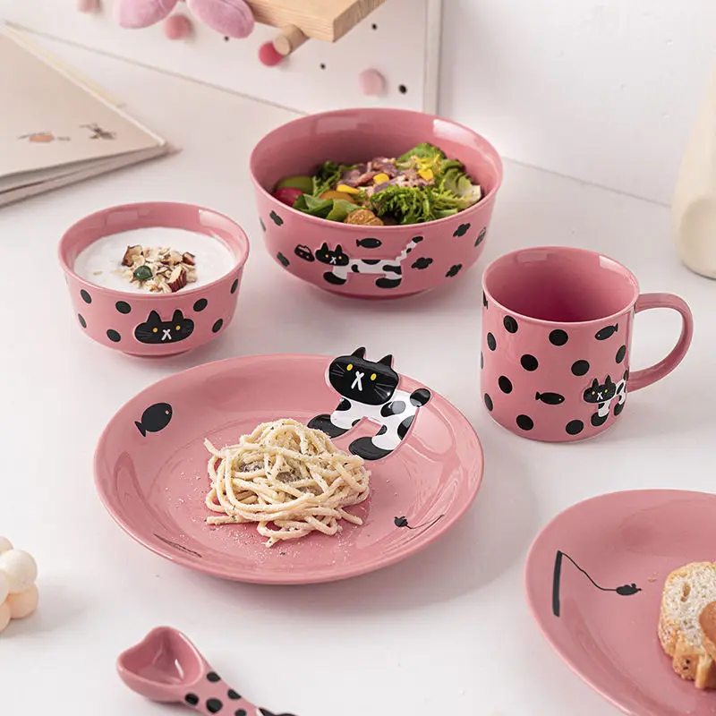 

Cute Cat Ceramic Rice Bowl Soup Bowl Mug Water Cup Plate Pasta Tableware Dinner Plates Set