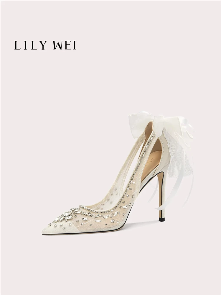 Spring and summer pointed mesh lace bow rhinestone wedding shoes banquet large size small size thin high-heeled women's sandals