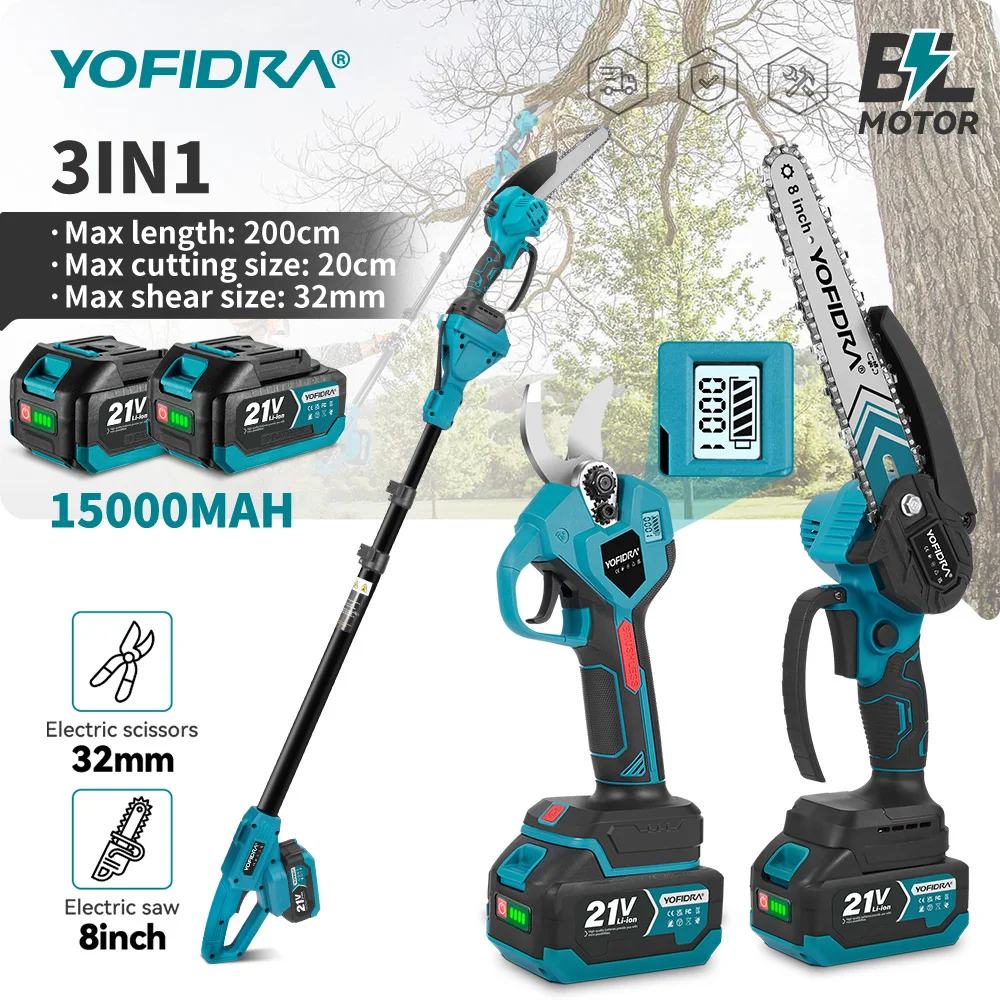 YOFIDRA 3-in-1 Bürstenlose Elektrische 8-Zoll-Kettensäge + Schere mit Teleskopstange, Hochleistungs-Gartenpflegewerkzeug für Makita-Akkus