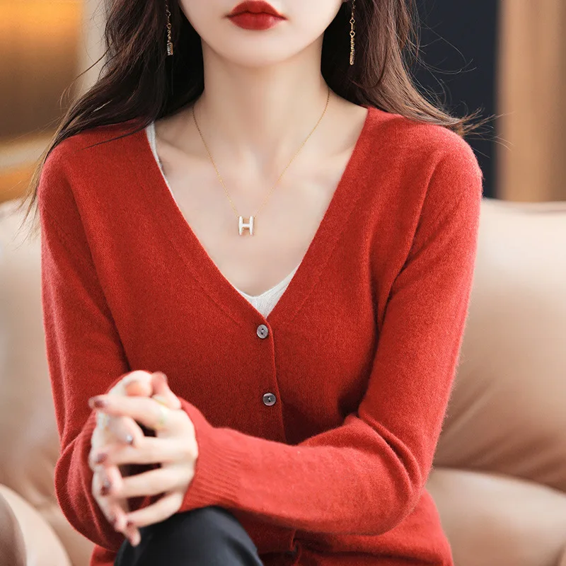 Women's Knitted V-Neck Cardigan Jacket Spring Autumn Outerwear Short plus Size Sweater Shawl Single Piece Bright Thread