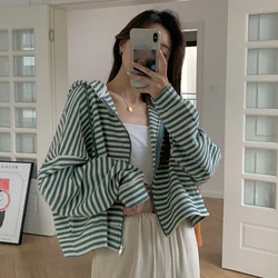 Loose Stripped Women Hooded Sweatshirts Simple All-match Long Sleeve Student Coats 2023 New Casual Straight Female Tops