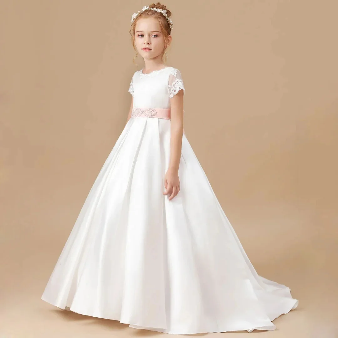 فساتين فتاة الزهور المخصصة مزينة بالساتان الأبيض مع فيونكة وأكمام طويلة لحفلات الزفاف وأعياد الميلاد والمناولة المقدسة #4