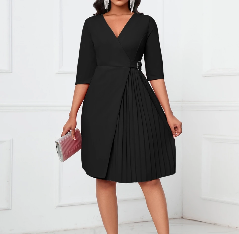 Casual Dresses for Women V-Neck Fashionable Waistband Crease Solid Color Pleated Mid Sleeve Oversized Temperament Commuter Dress