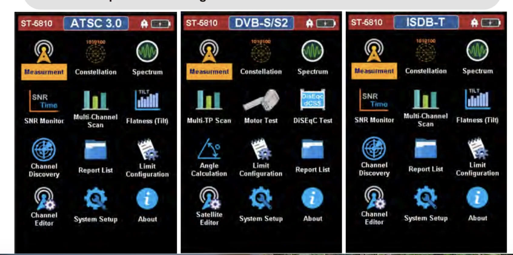 SATLINK ST-5810 يدعم ATSC 1.0 و 3.0 ISDBT DVB C2/C DVB-S2 DVB T2 ISDB-T مكتشف MPEG-4 H.265 3.5 بوصة تحليل الطيف