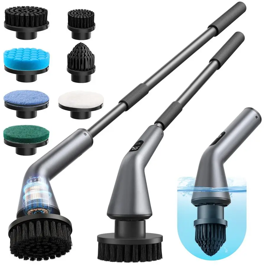 

Electric Spin Scrubber, IPX7 Waterproof 2Speed, Extendable Long Handle Cordless Cleaning Brush with 7 Replacement Brush Heads fo
